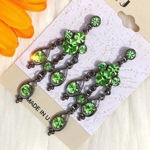 Boho Earrings Green Rhinestone Dressy Drop Dangles Dark Antique Silvertone Med